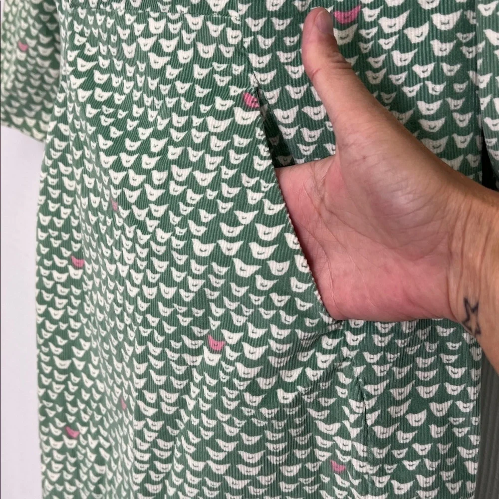 Boden - Hannah Corduroy Quarter Sleeve Green And Pink Bird Print Midi Dress 4R